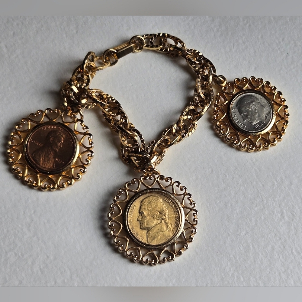 VTG The Franklin Mint Fountain Of Coins WLP Gold Plated Bracelet Filigree Heart